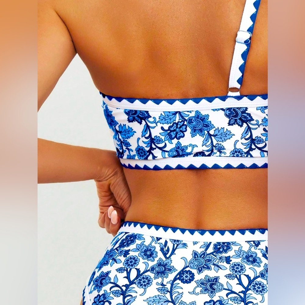 NWOT-2pc Bikini Sets Boho Floral Printed 1 Shoulder High Cut Bathing Suit - Picture 4 of 4